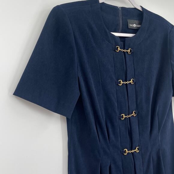 Vtg 90s Sag Harbor Horsebit Sheath Dres 8 Equestrian Old Money Preppy Chic Navy - Picture 4 of 12